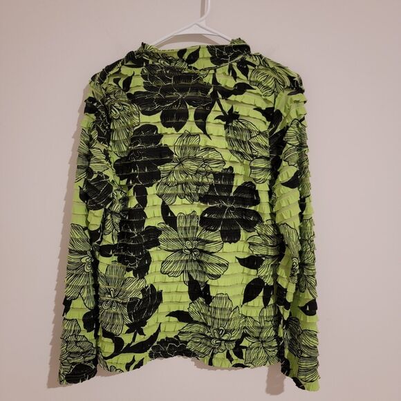 Erin London Womens Ruffle Full Zip Sweatshirt Size Large Lime Green Black Floral - Picture 3 of 7
